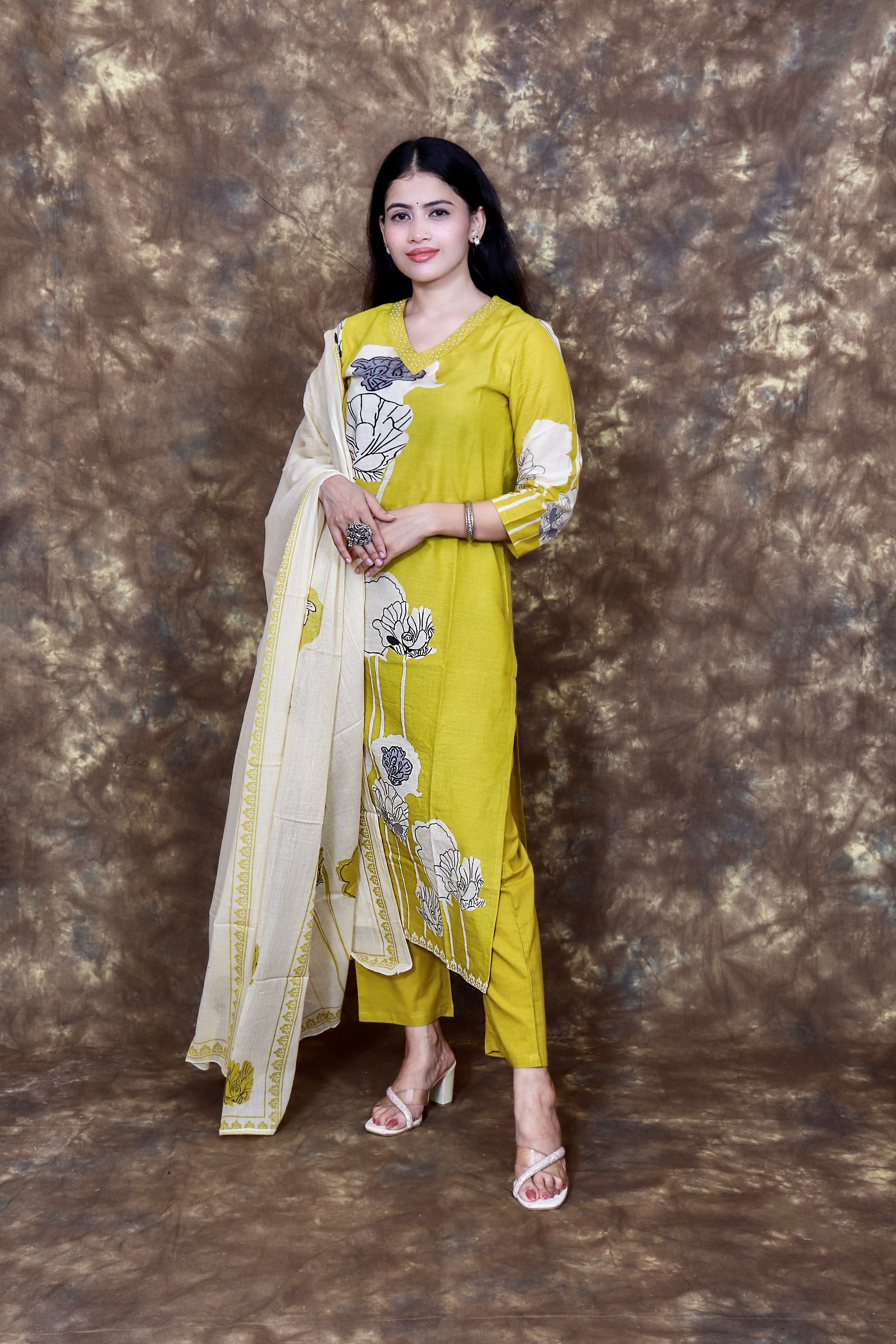 Abstract Floral Printed and Embroidered Kurta with Pant and Dupatta - Mustard Yellow