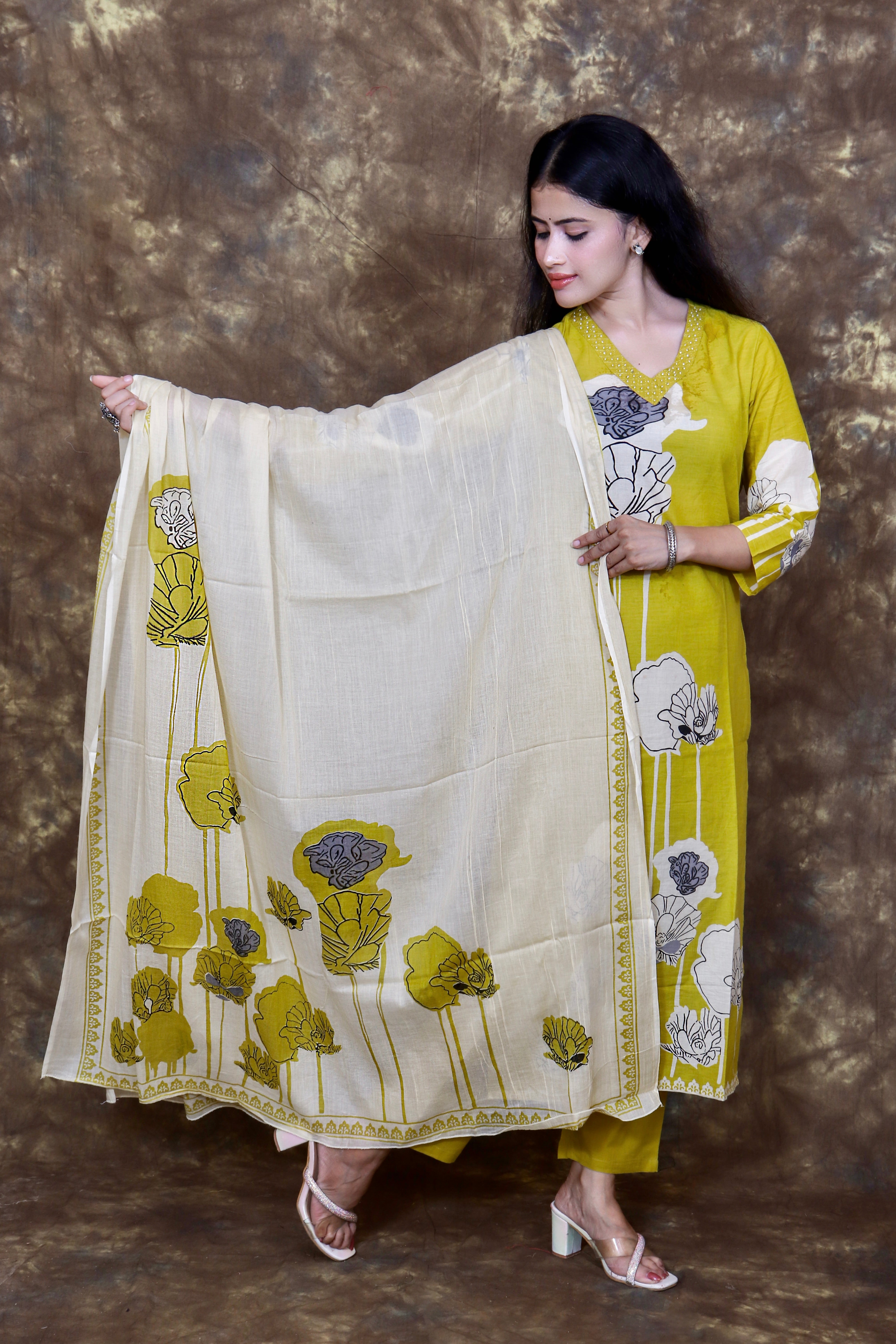Abstract Floral Printed and Embroidered Kurta with Pant and Dupatta - Mustard Yellow