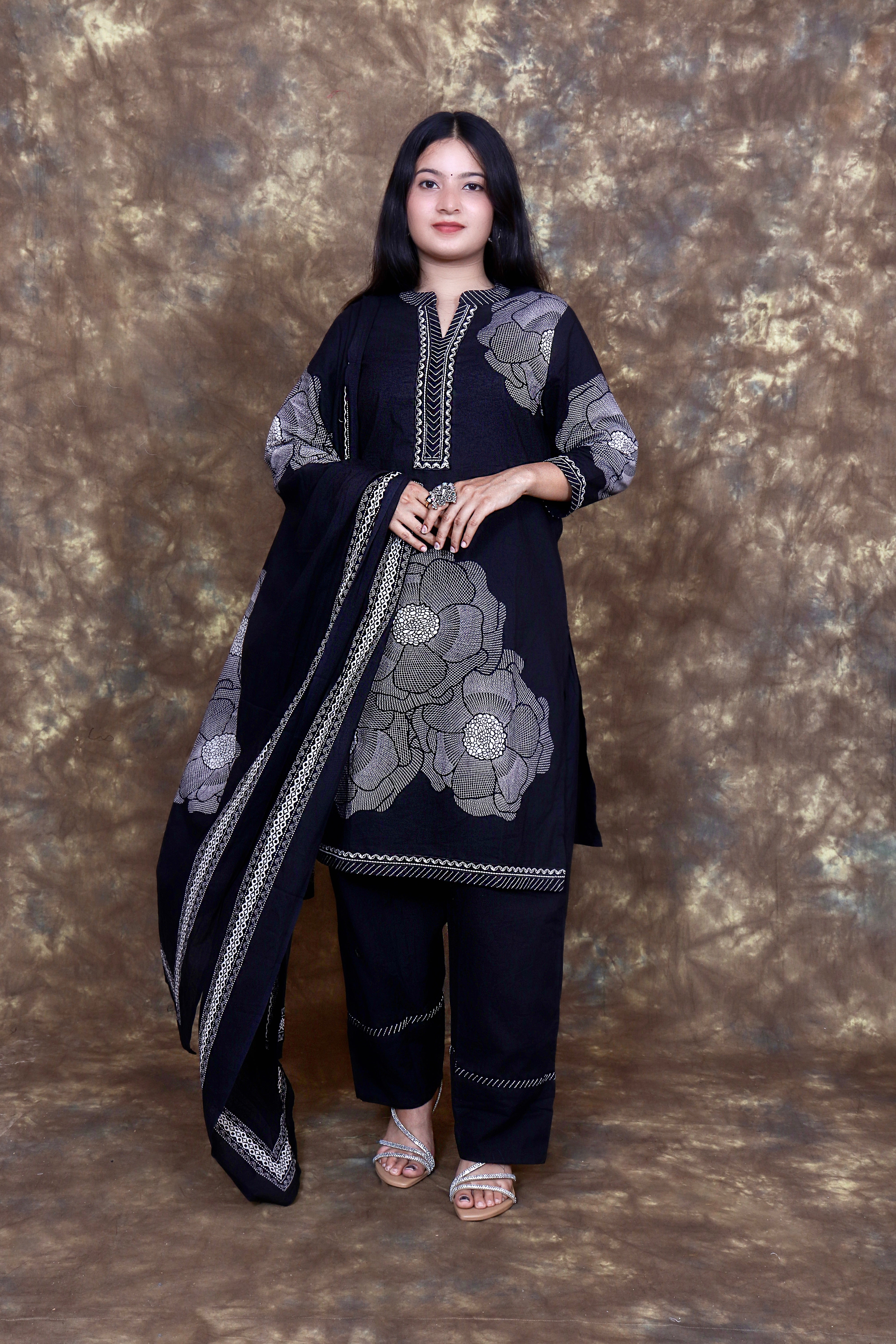 Floral Printed and Embroidered Kurta Set with Dupatta - Black