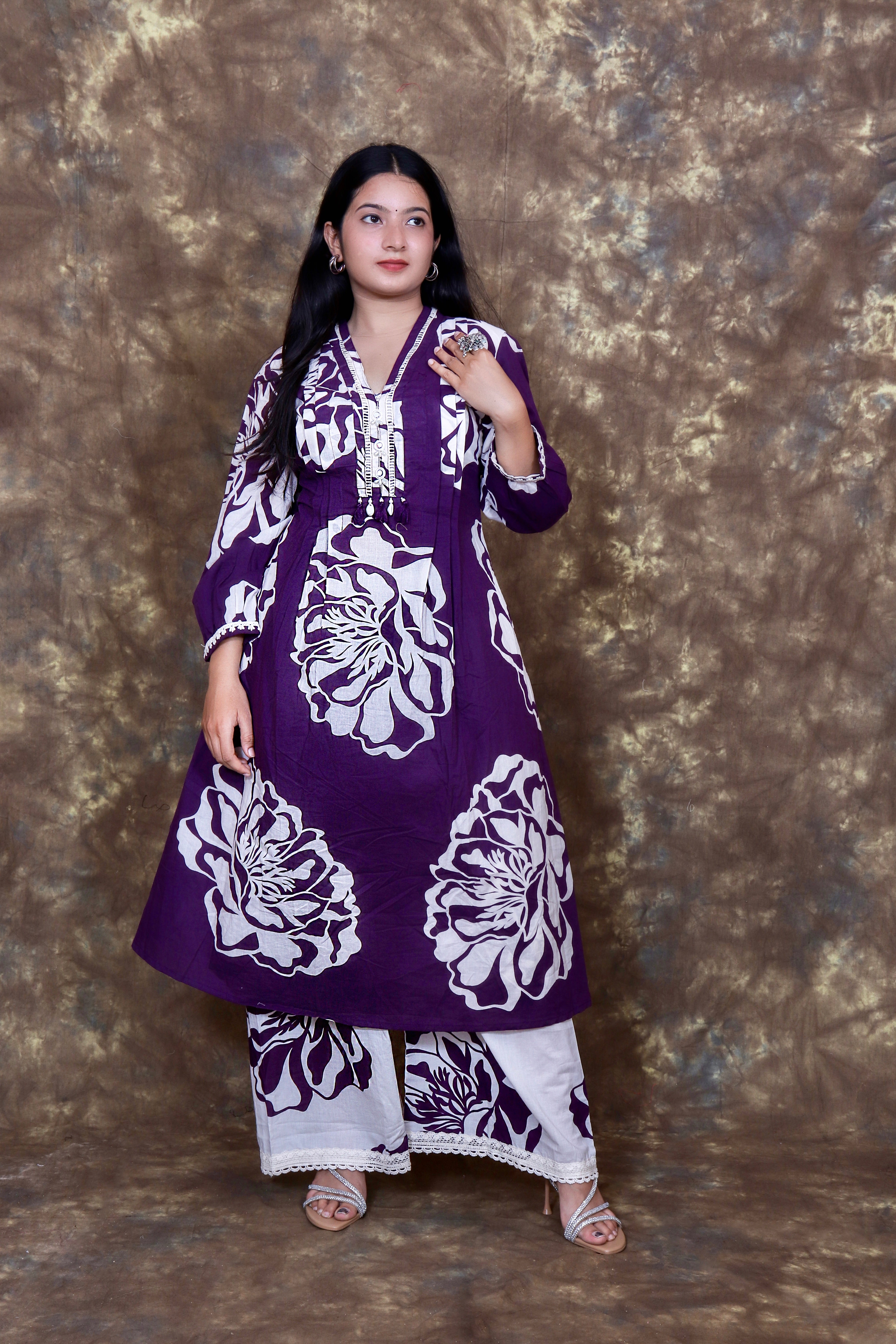 Abstract Printed and embroidered Kurta Set - Purple