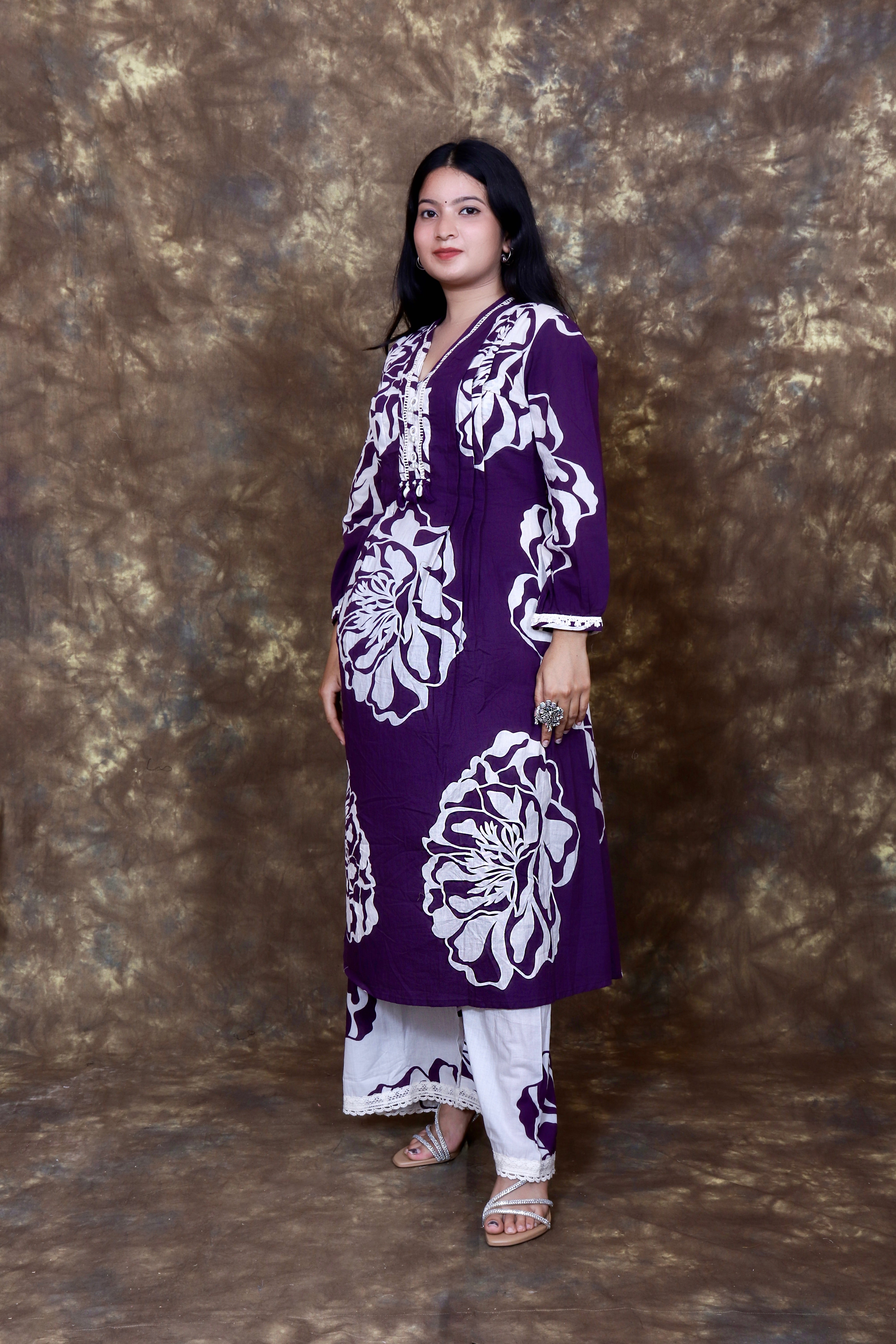 Abstract Printed and embroidered Kurta Set - Purple