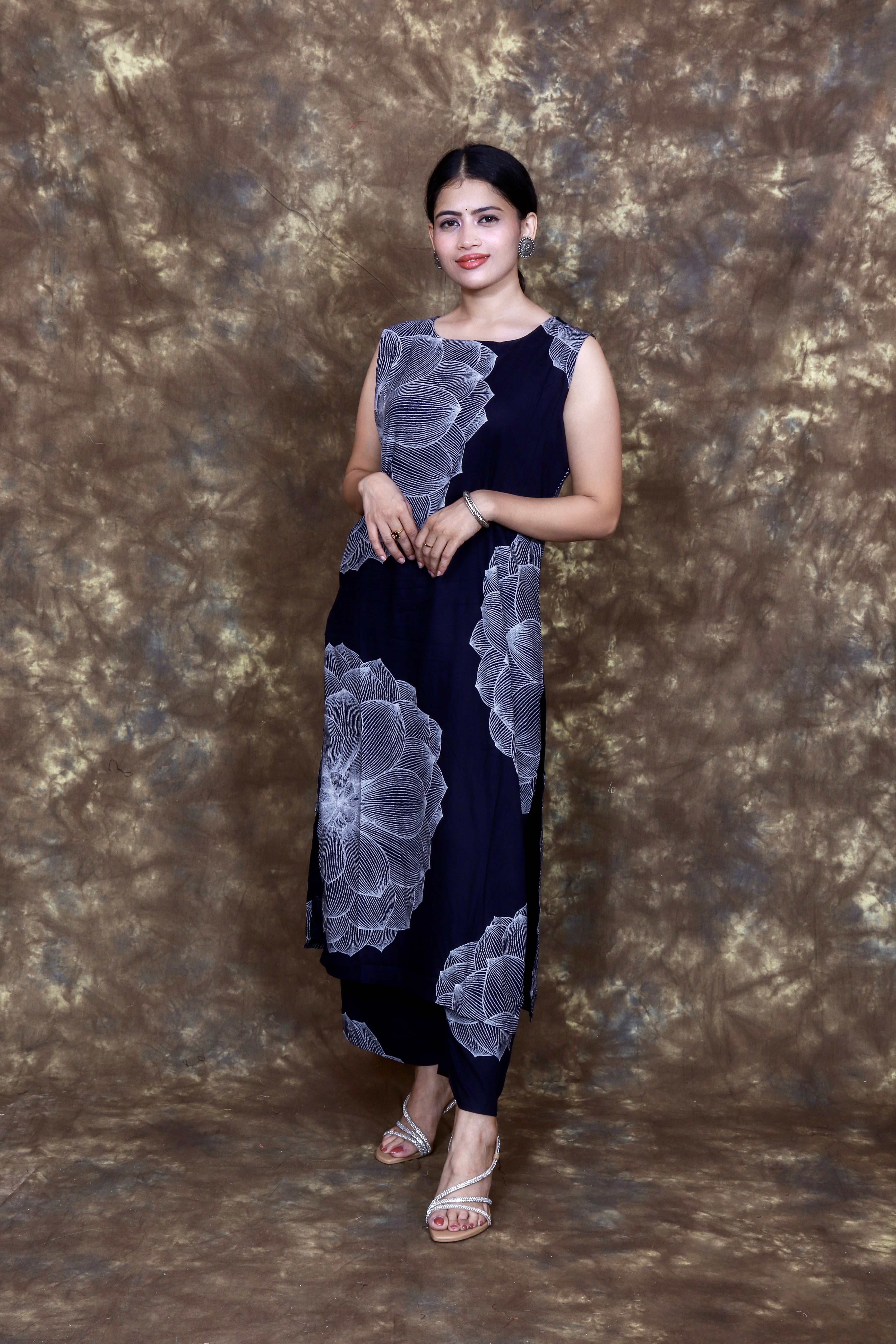Monochrome Floral Printed Co-Ord Set - Navy Blue