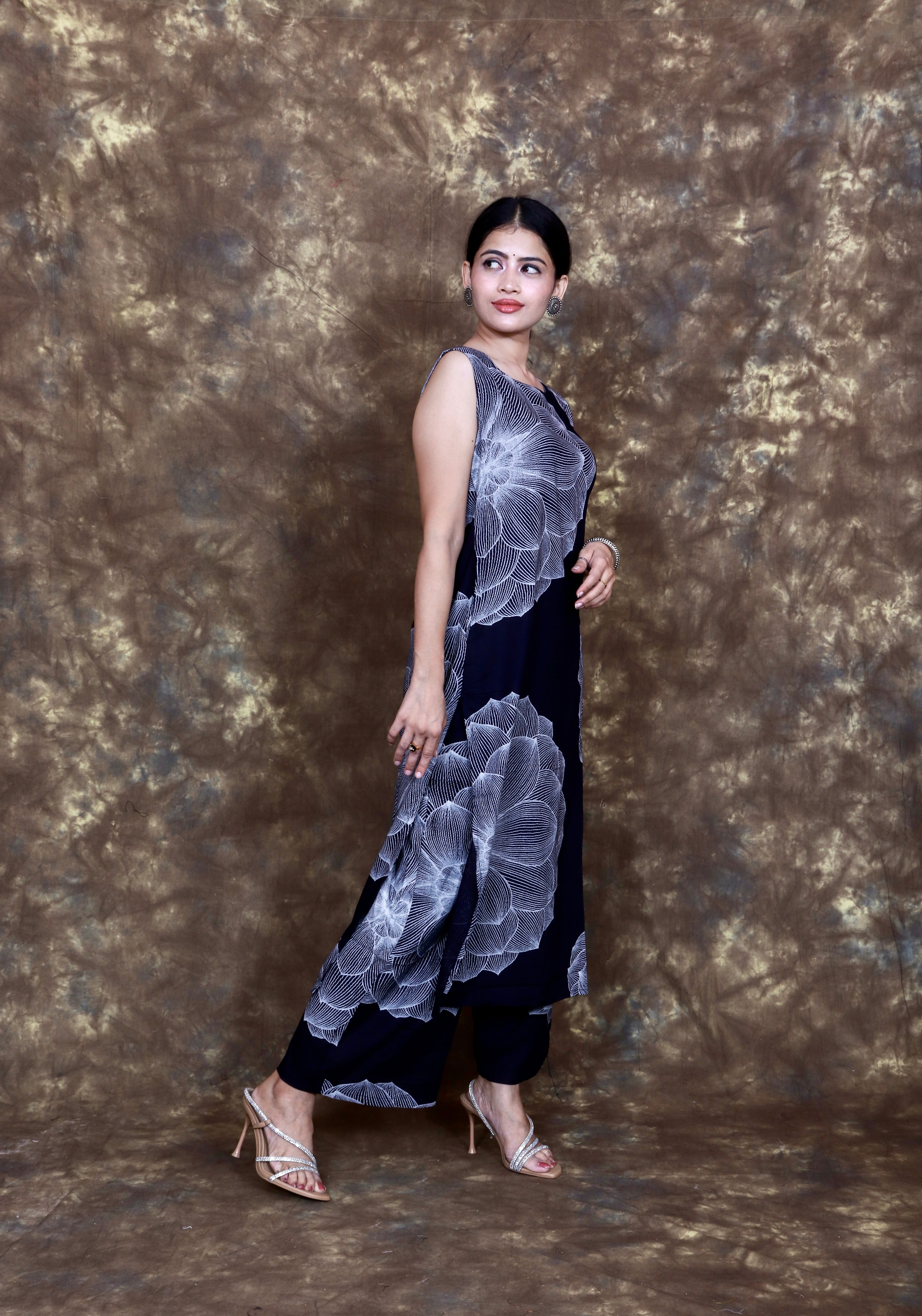Monochrome Floral Printed Co-Ord Set - Navy Blue
