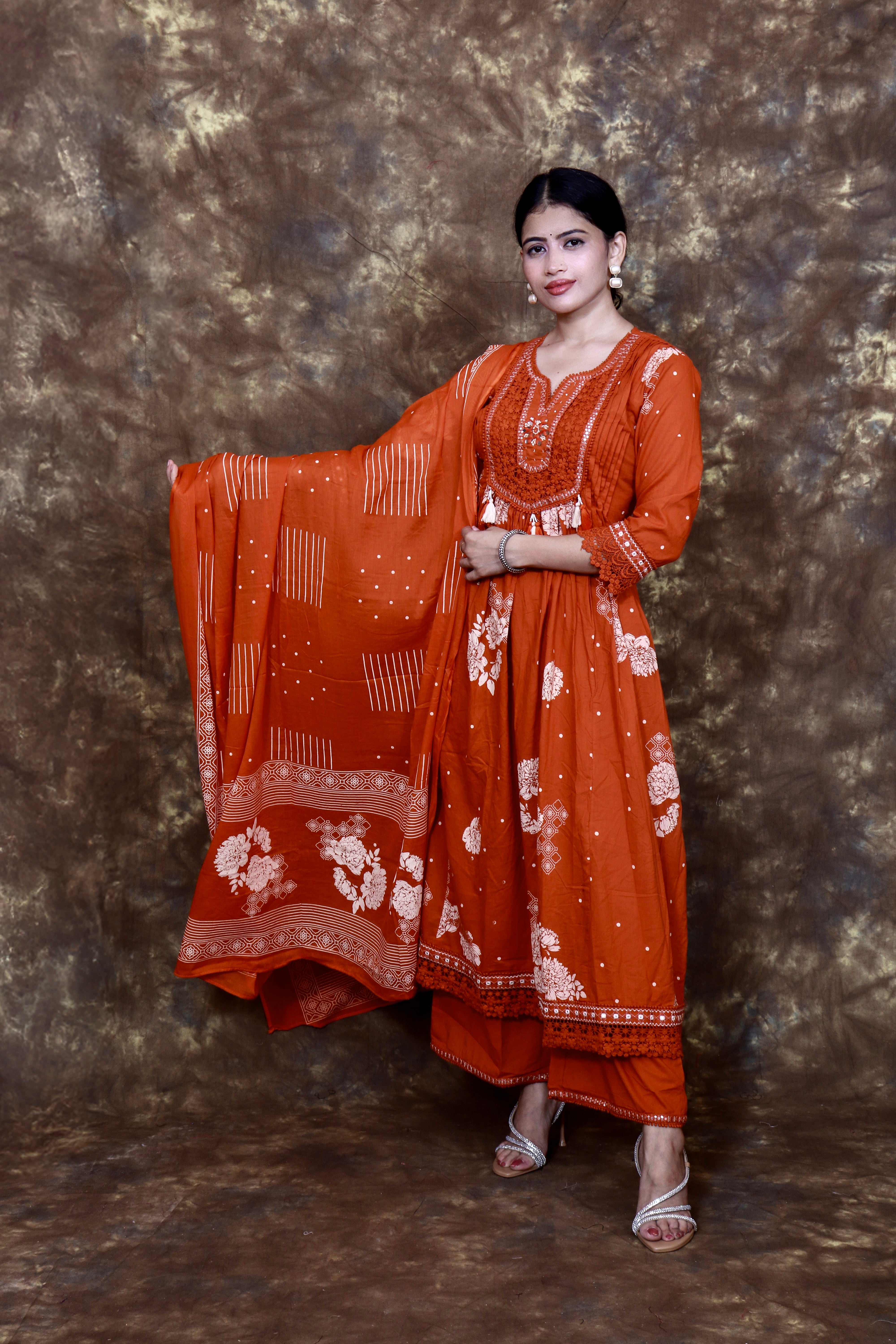 Floral Printed and Embroidered Kurta Set with Dupatta - Rust