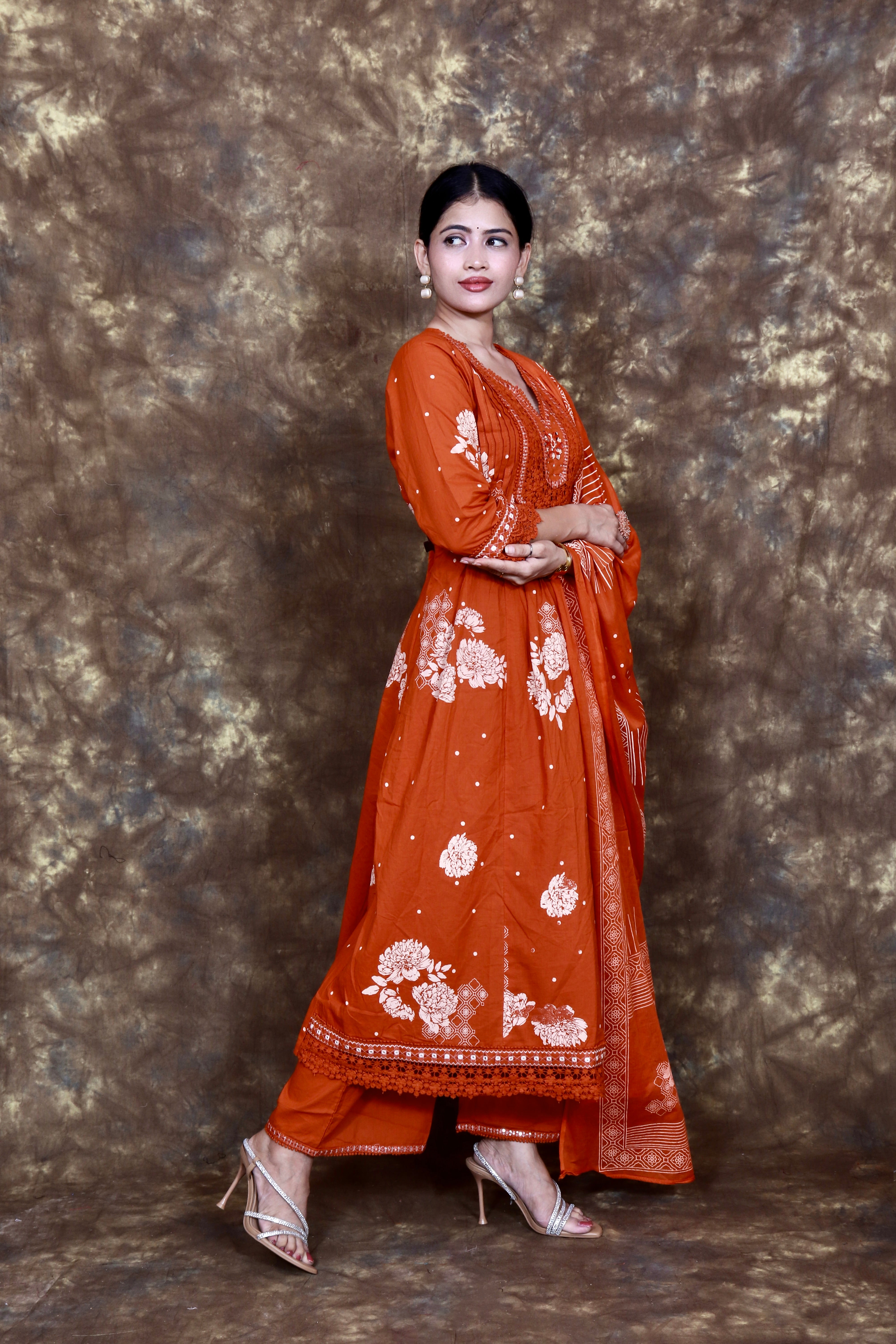 Floral Printed and Embroidered Kurta Set with Dupatta - Rust