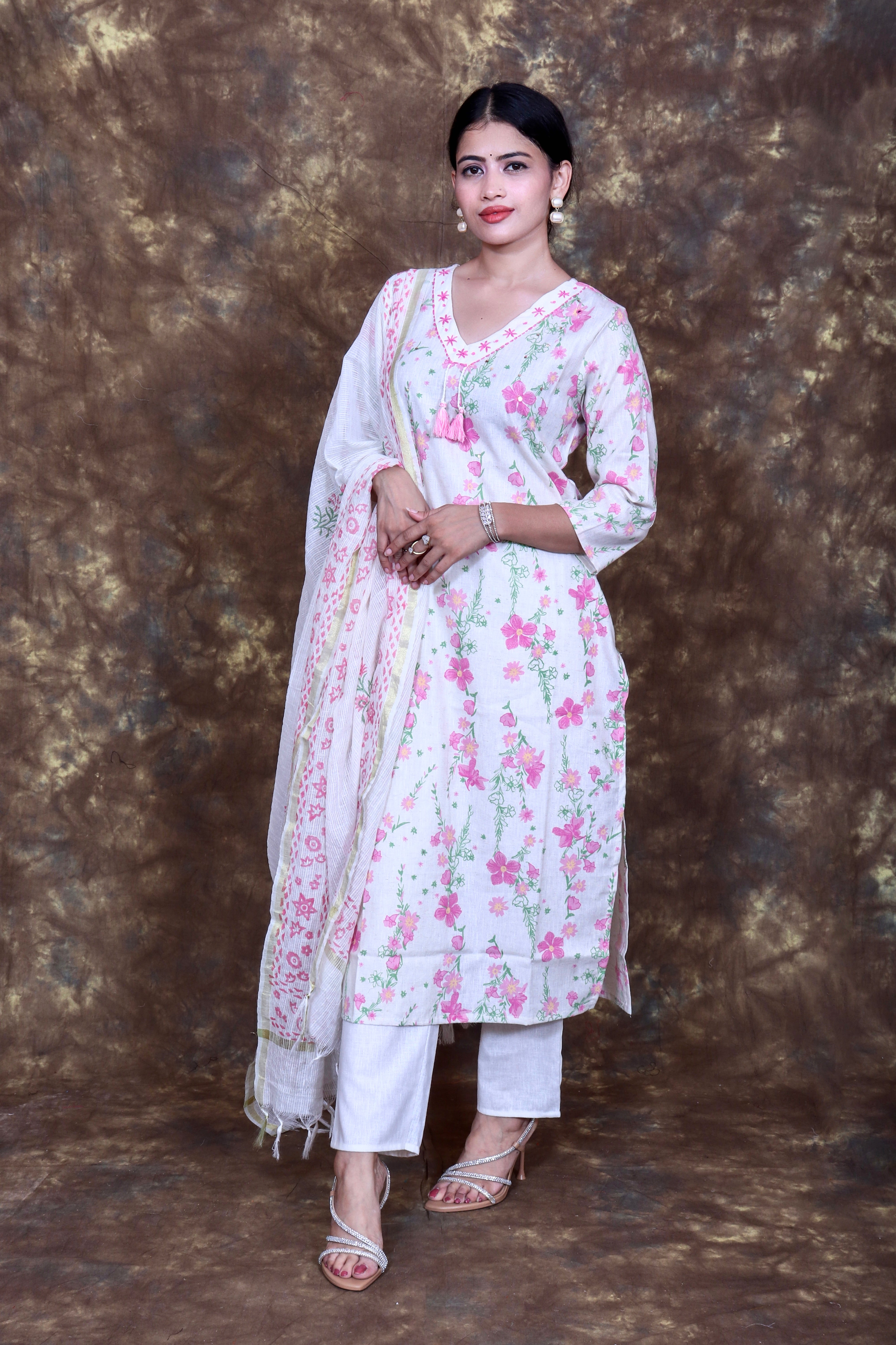 Floral Printed and Embroidered Kurta Set with Dupatta - Off White