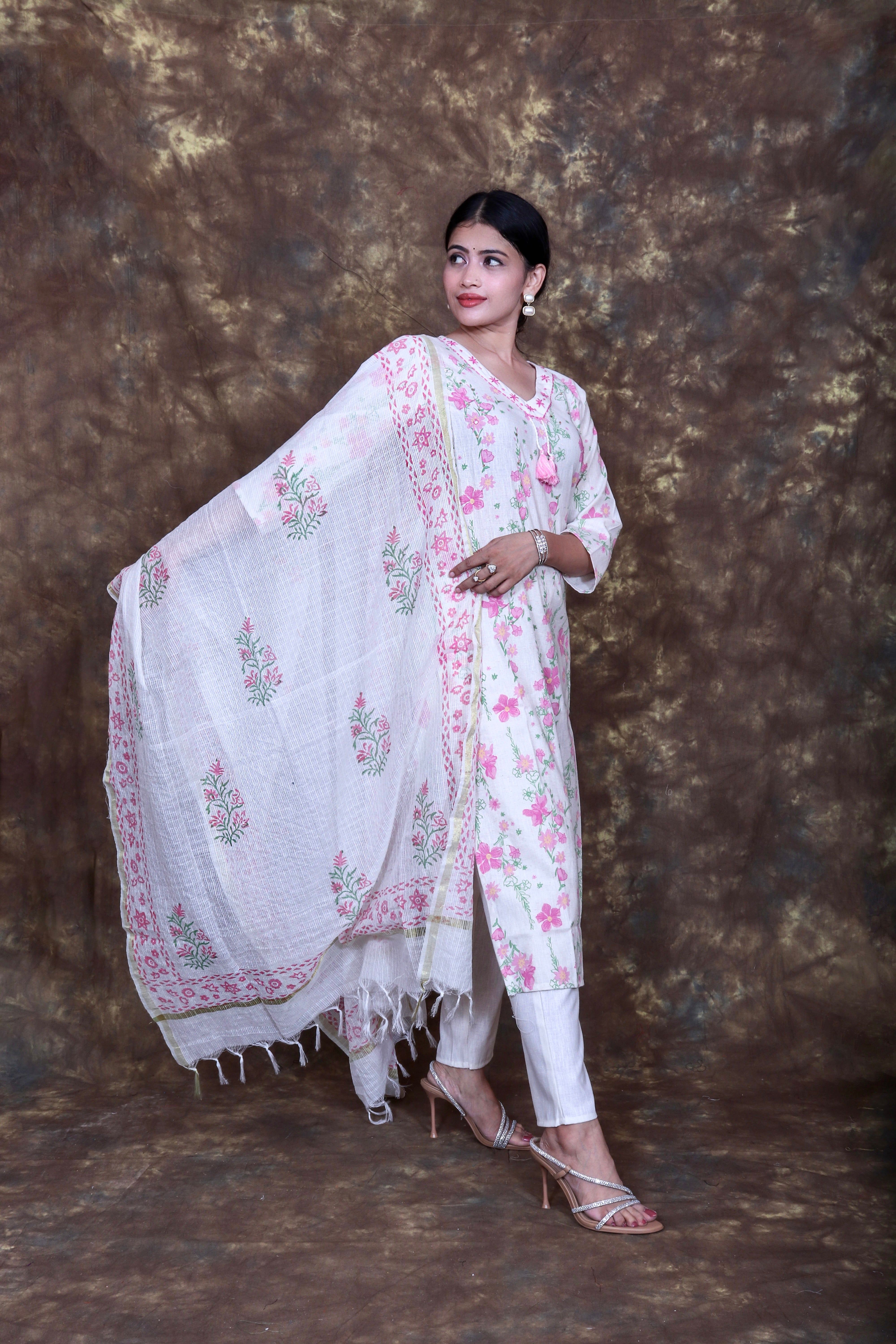 Floral Printed and Embroidered Kurta Set with Dupatta - Off White