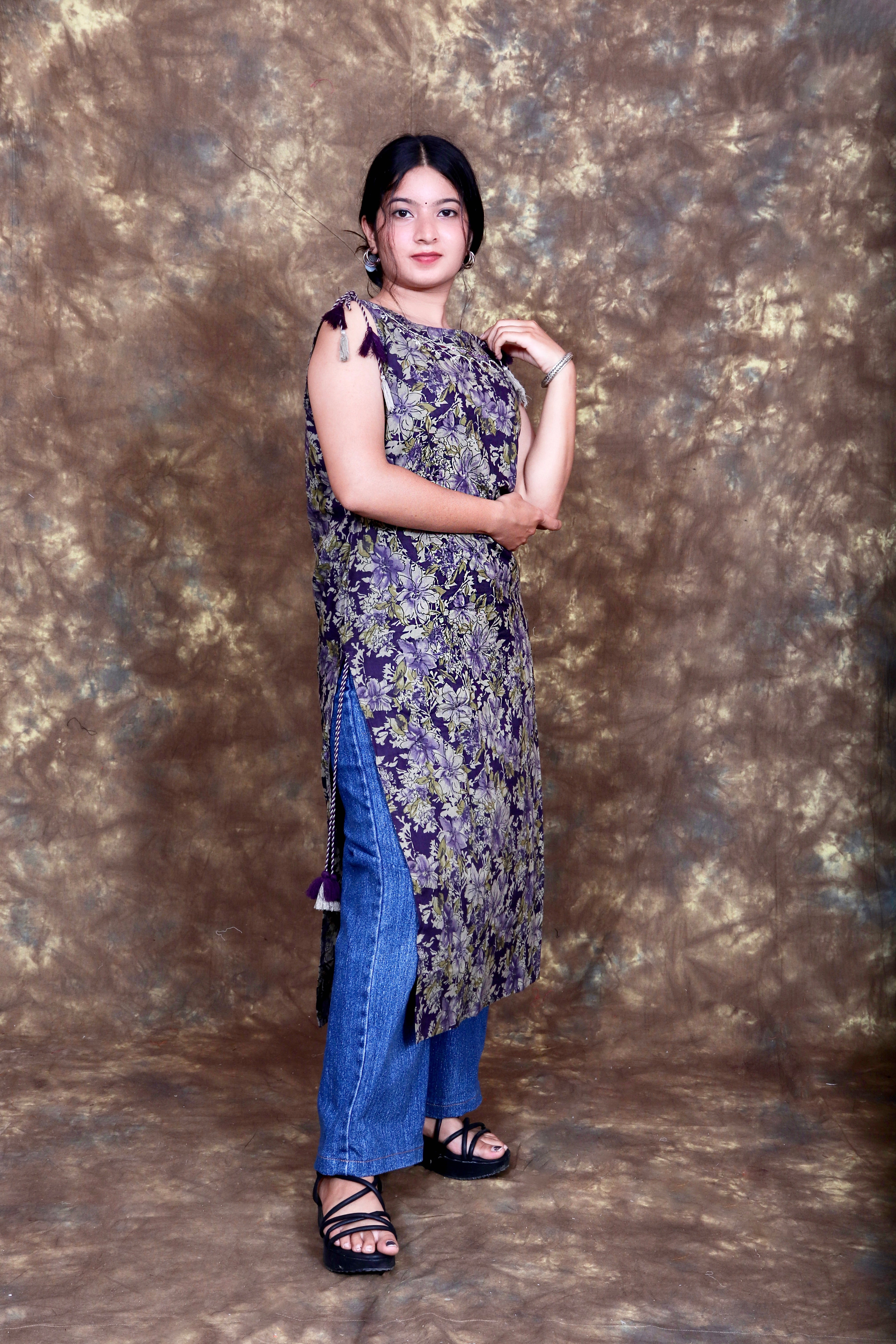 Ethnic Floral Printed and Embroidered Straight Kurta - Multicolor