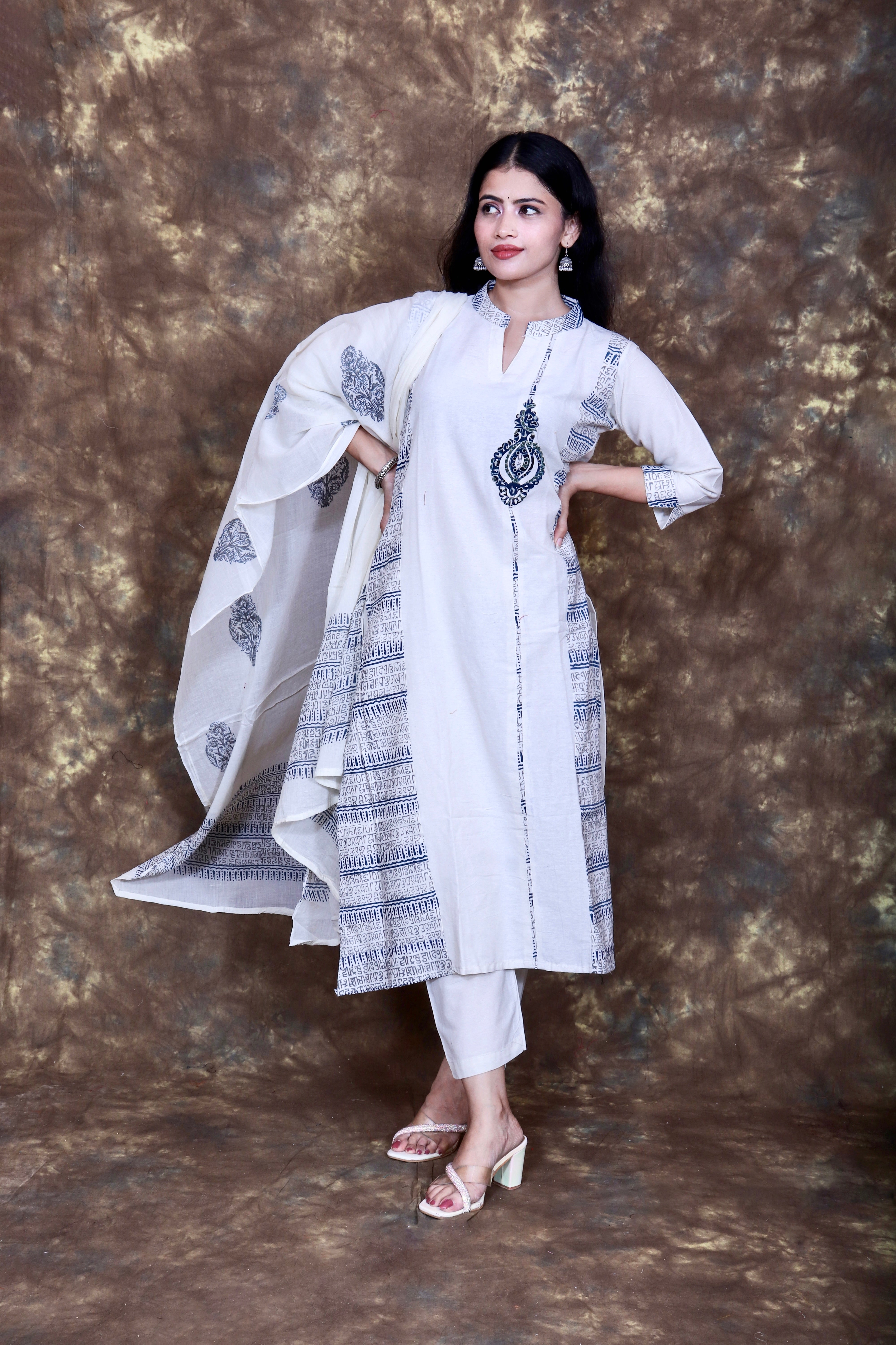 Ethnic Printed Kurta Set with Dupatta - Off White