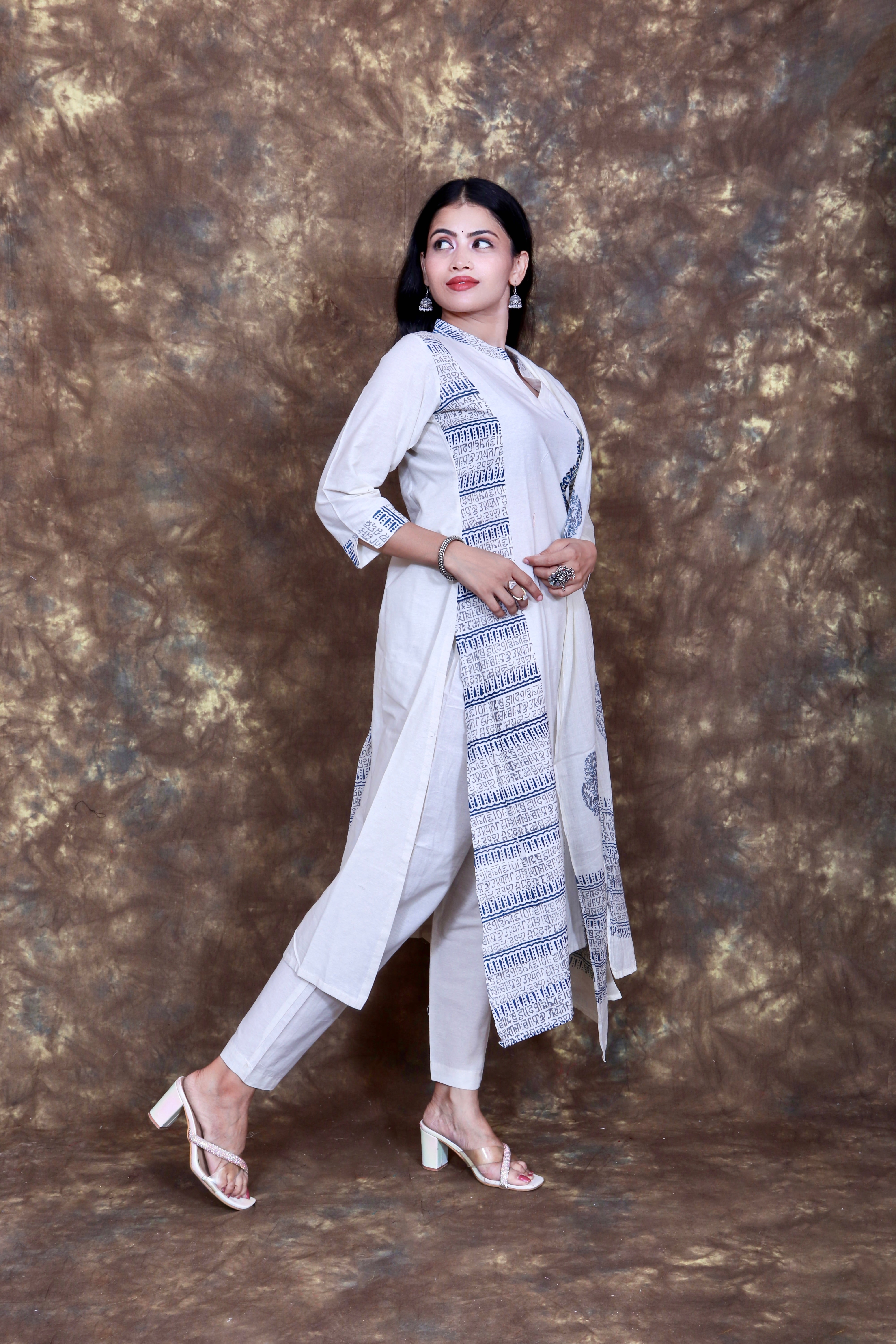 Ethnic Printed Kurta Set with Dupatta - Off White