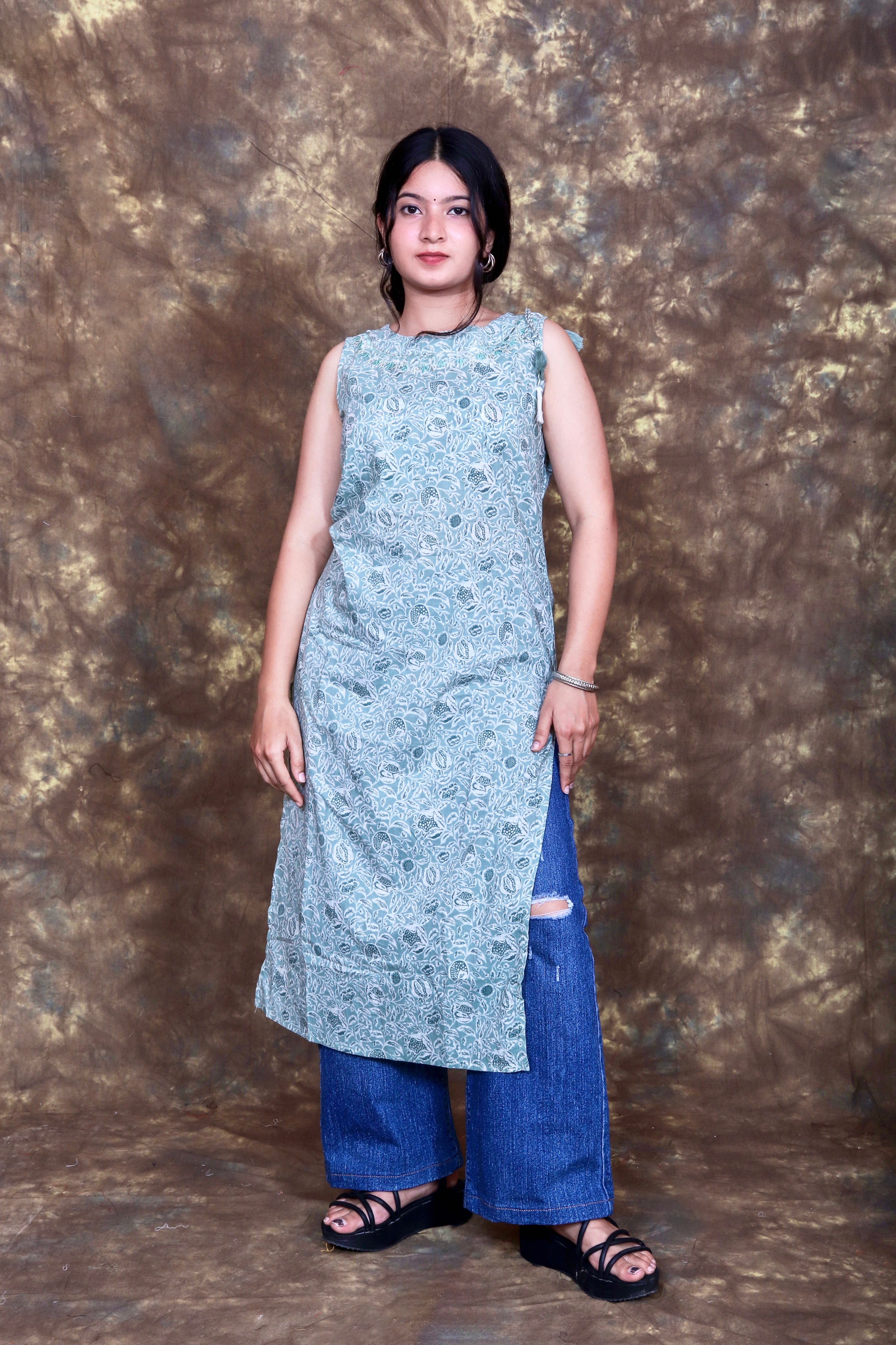 Ethnic Floral Printed and Embroidered Straight Kurta - Sage Green
