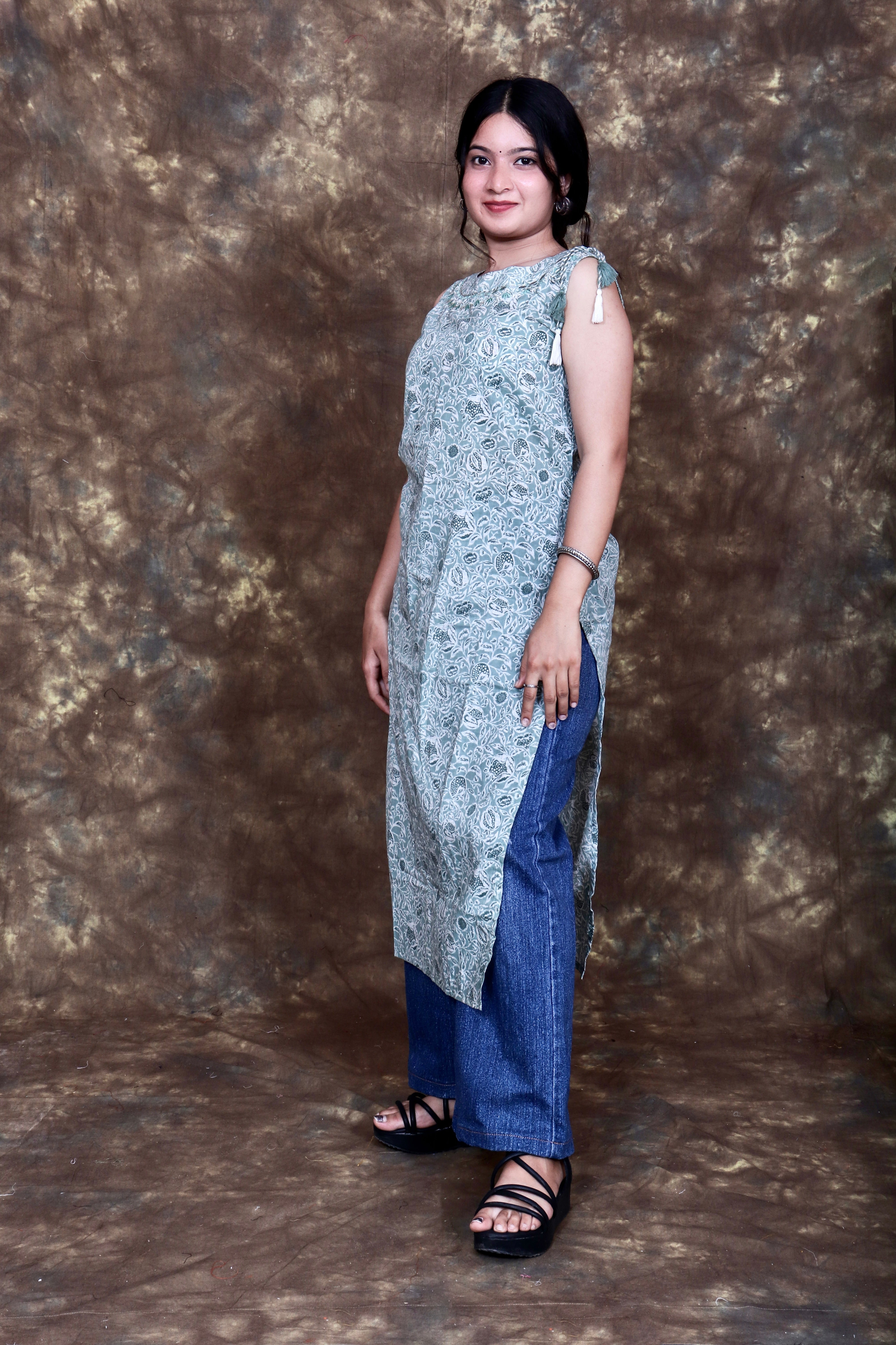 Ethnic Floral Printed and Embroidered Straight Kurta - Sage Green