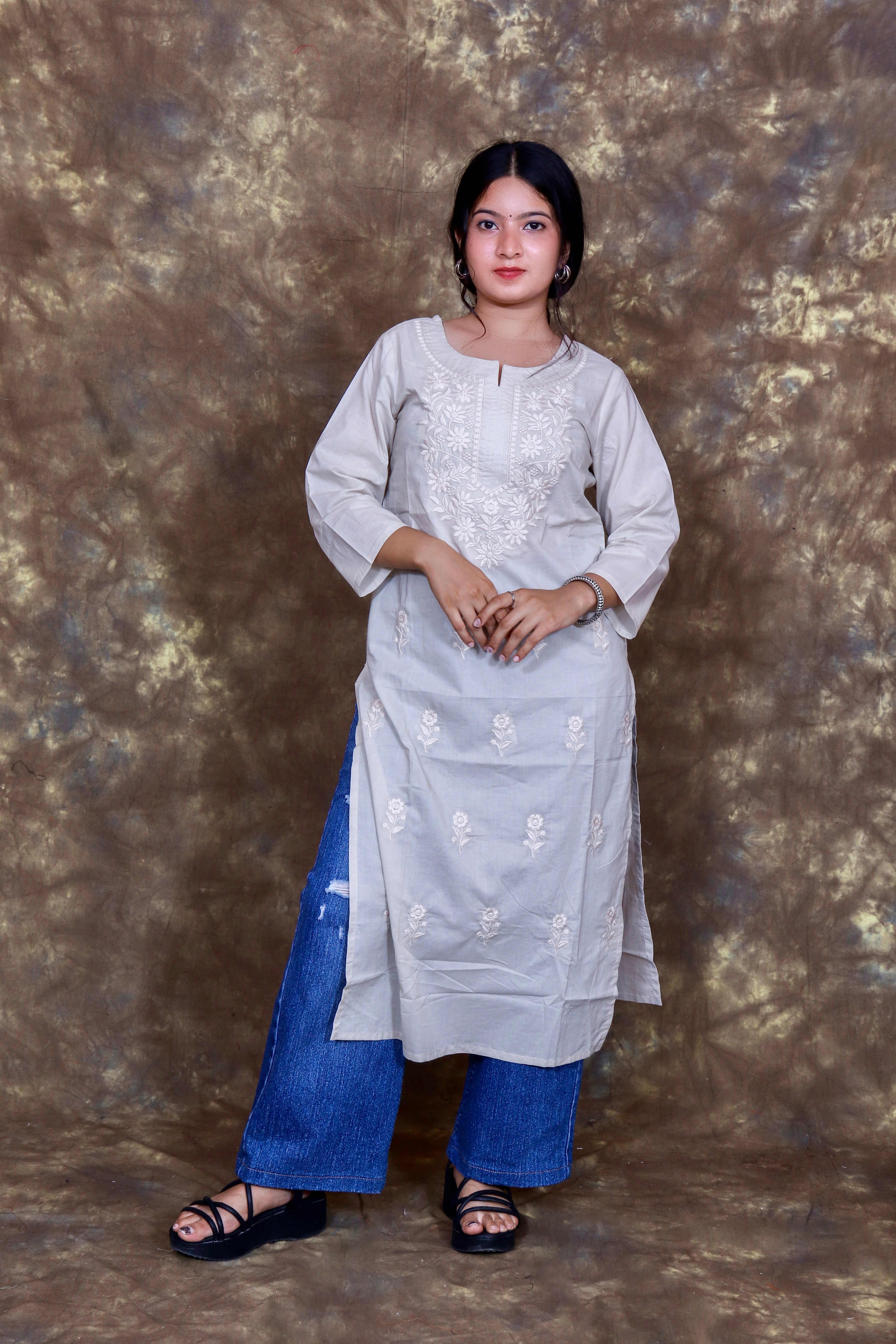 Floral Embroidered Straight Kurta - Ivory