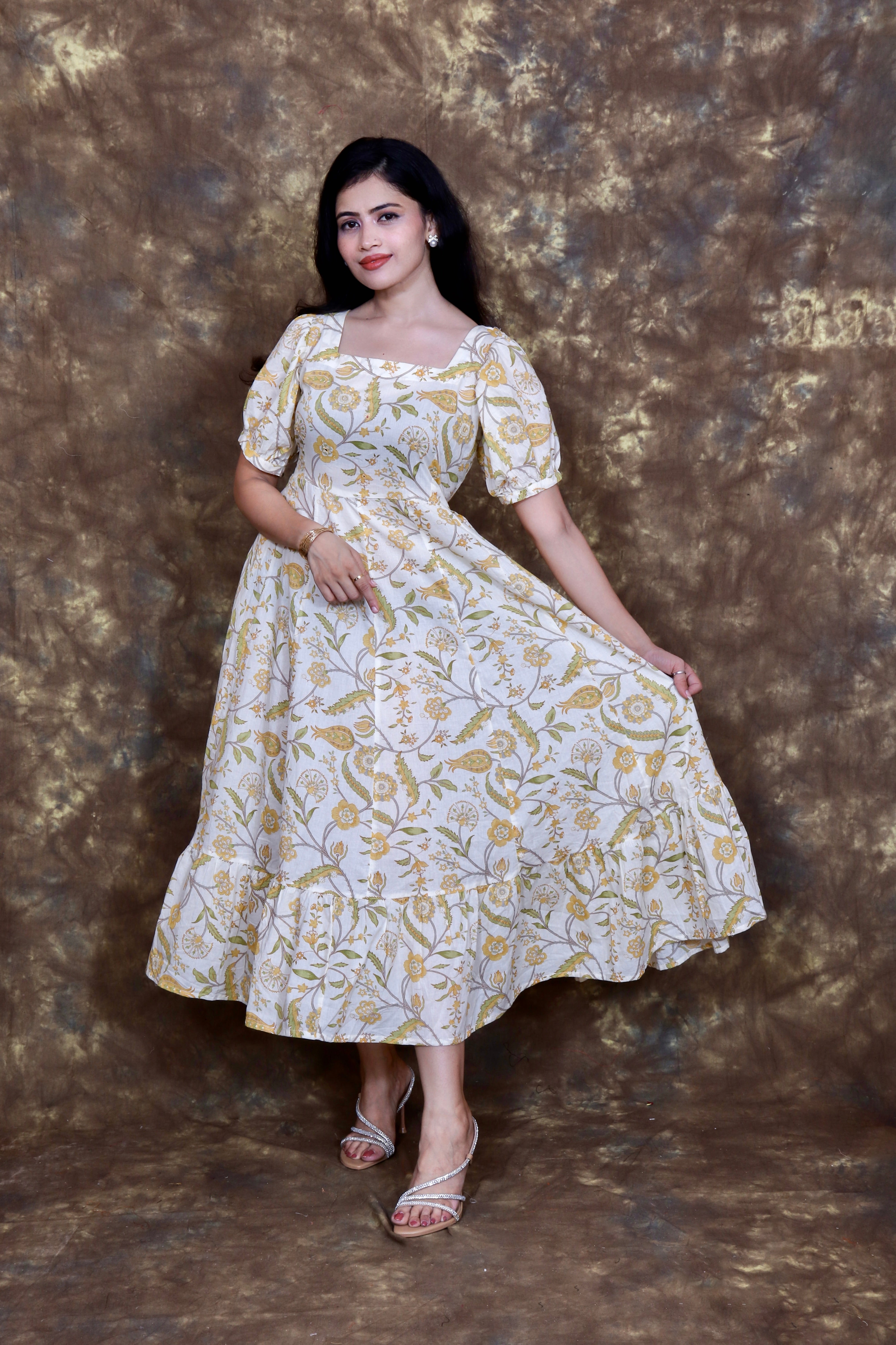 Floral Printed Tiered Flared Maxi Dress - Cream