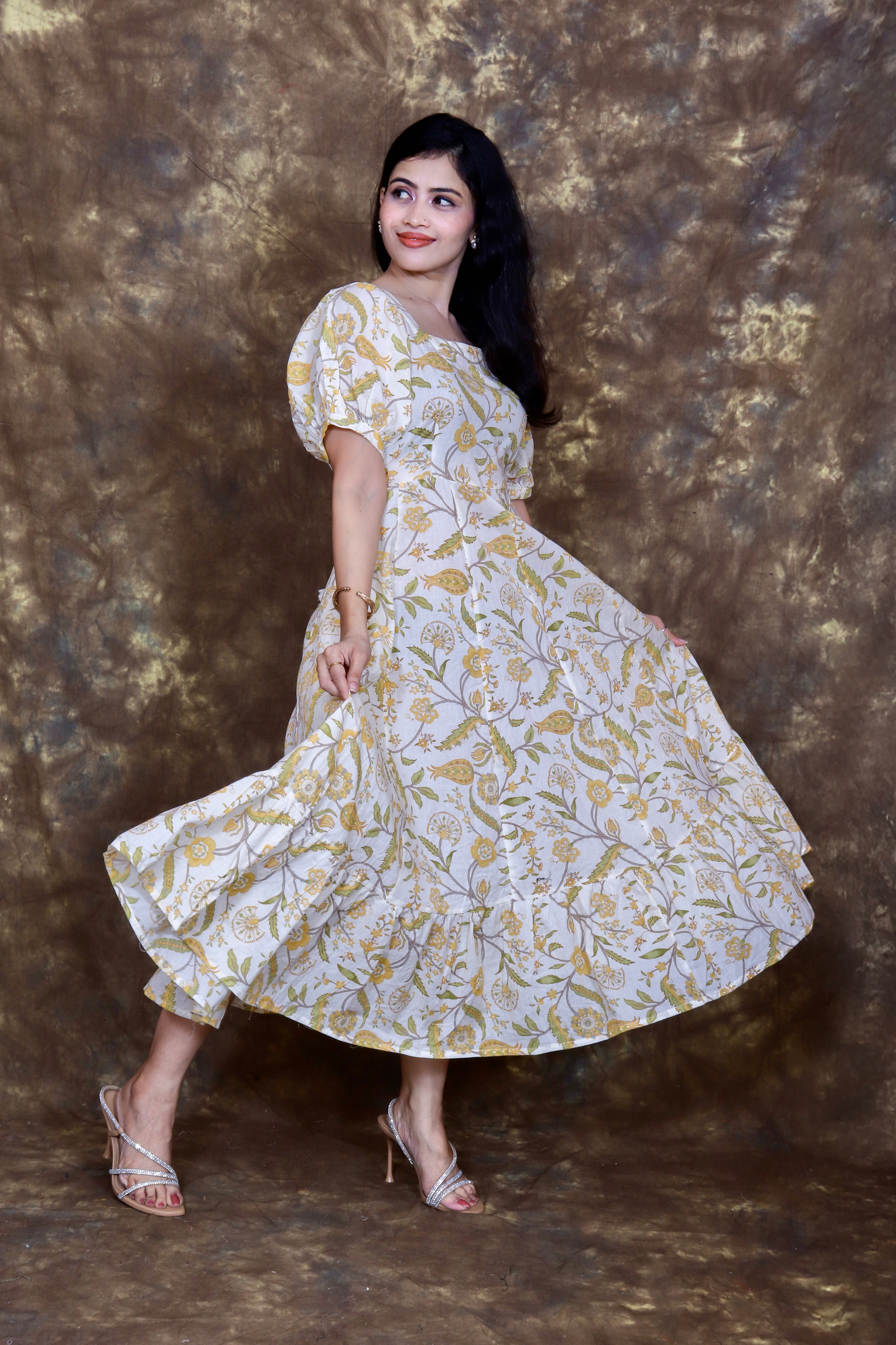 Floral Printed Tiered Flared Maxi Dress - Cream