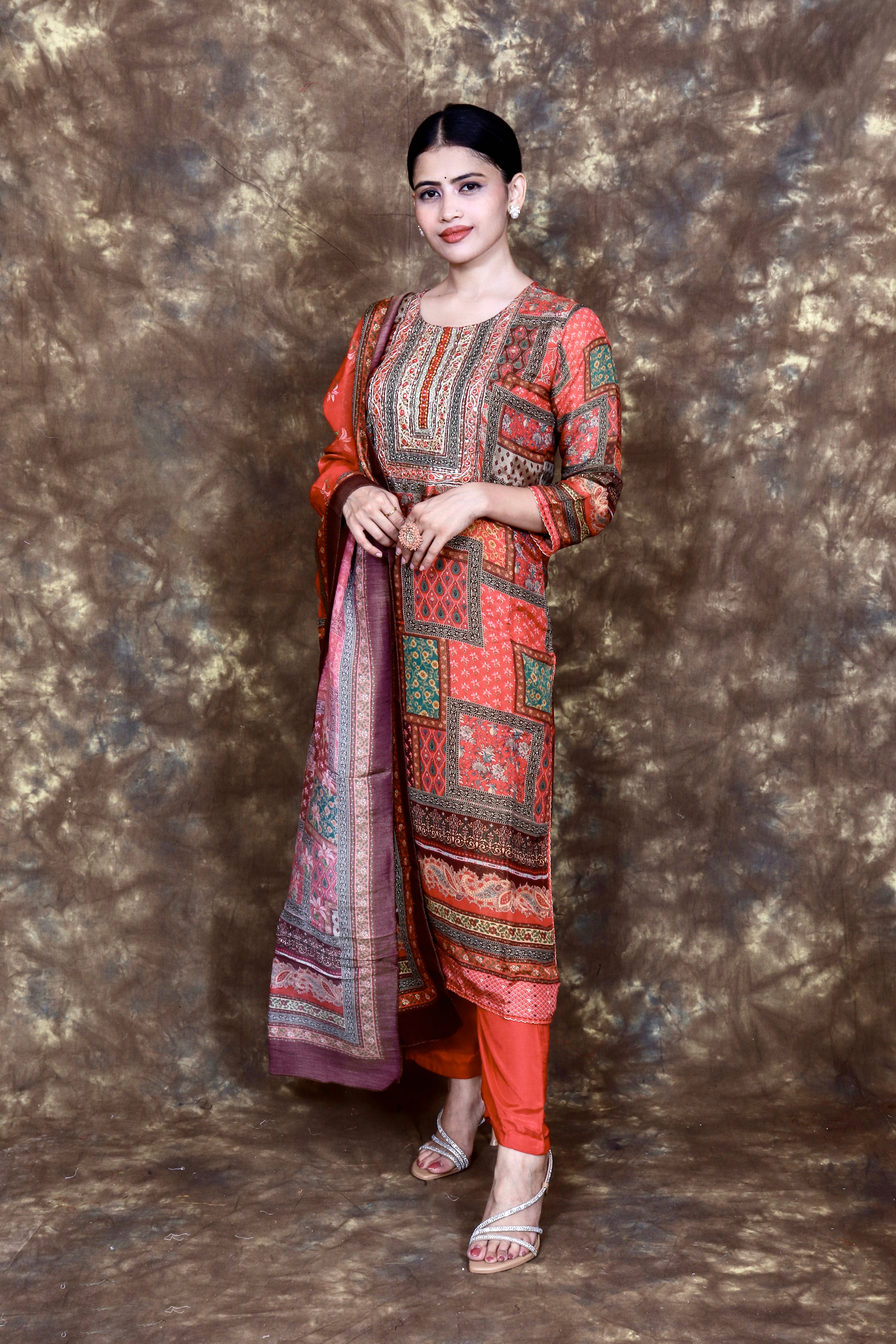 Ethnic Printed and Embroidered Kurta Set with Dupatta - Multi